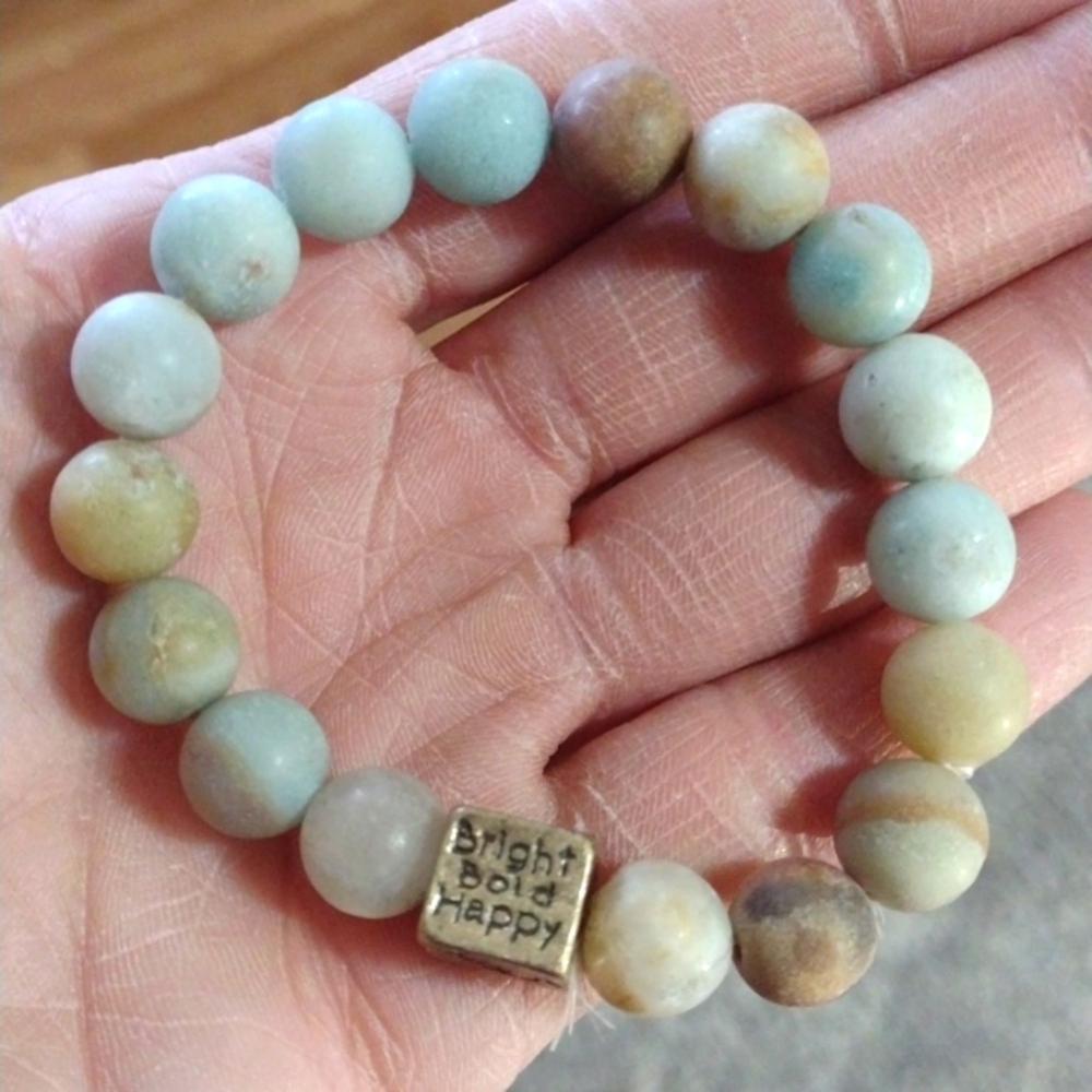 VINTAGE AMAZONITE UNPOLISHED BRASS  INSPIRATIONAL CHARM STRETCH BRACELET